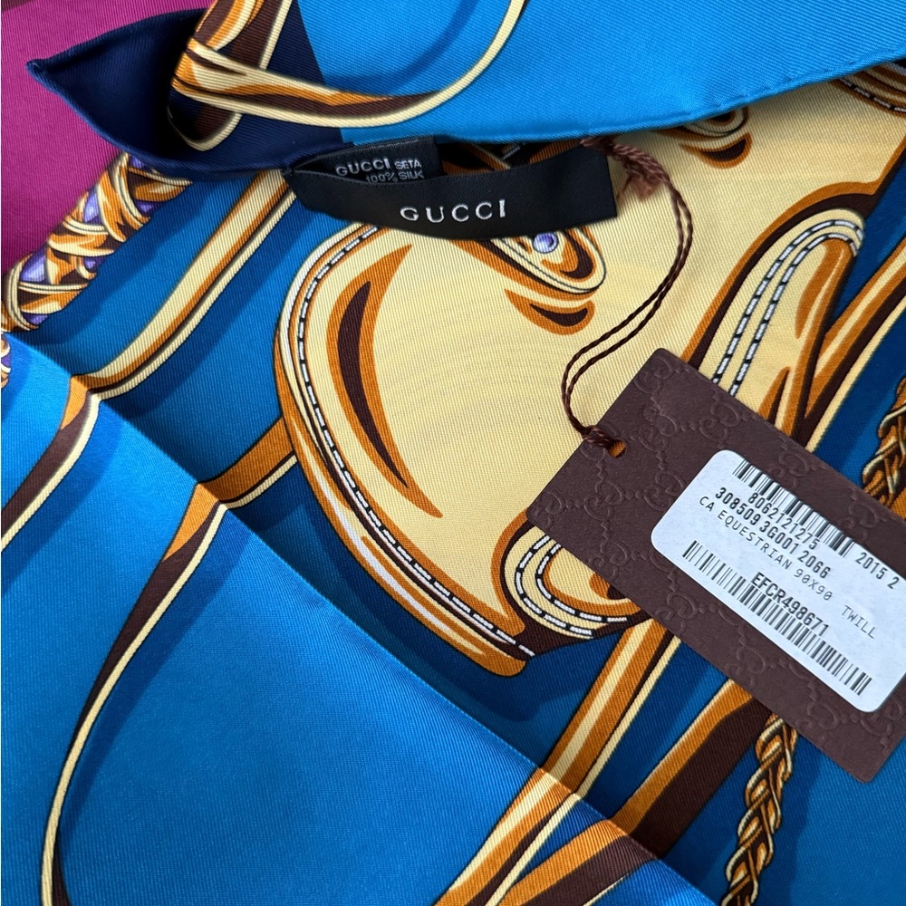 New Gucci Scarf Equestrian Iconic Logo Print Silk Wrap - Picture 7 of 12